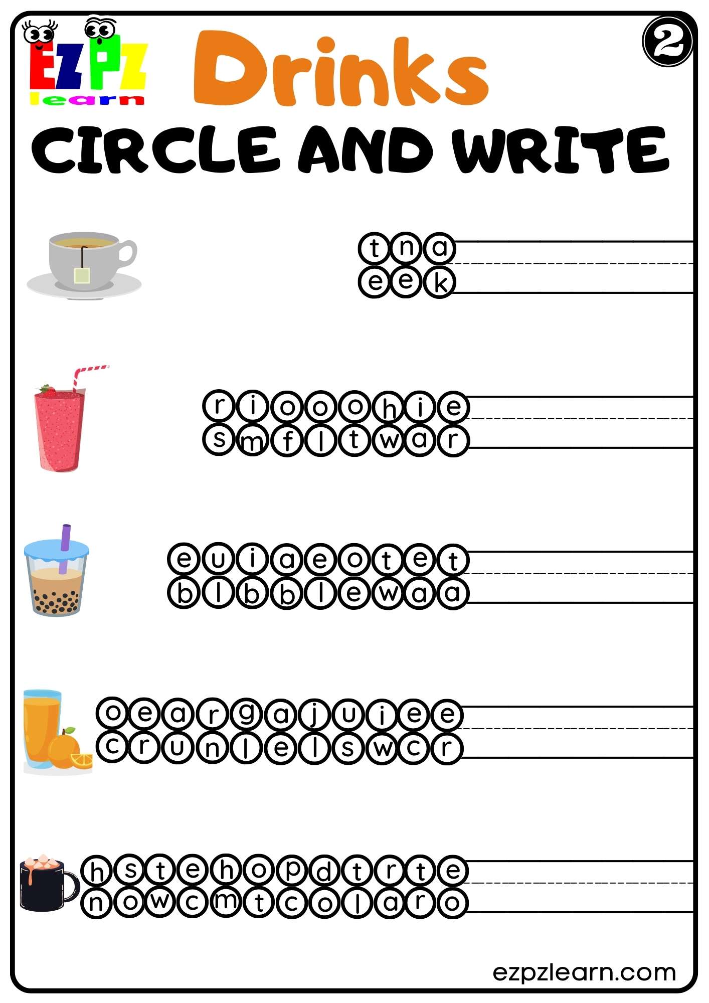 Drinks Circle and Write Worksheet for Kids K5 and ESL PDF Download Set 2
